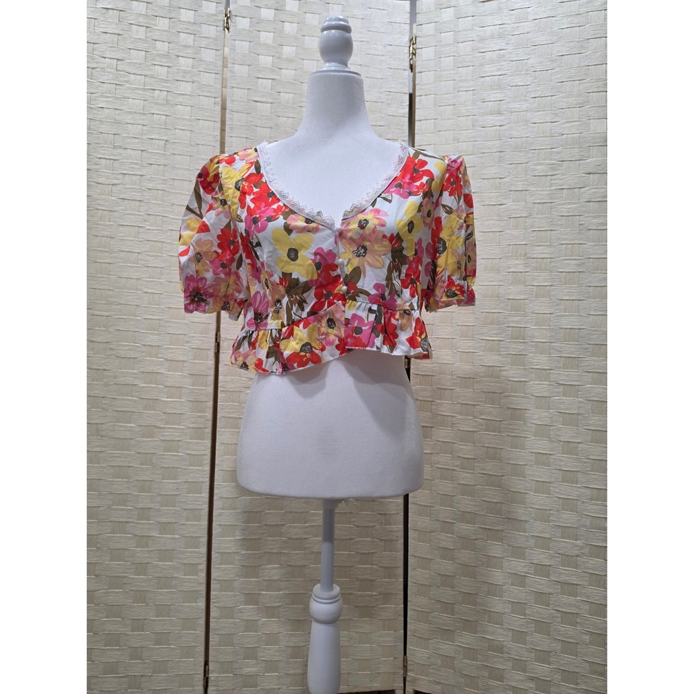 Floral Lace Trim Button Front Puff Sleeve Crop Top Red Yellow Pink Multi